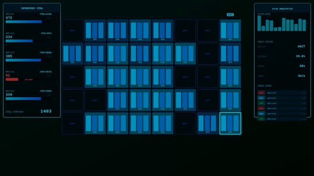 Data dashboards showing logistics flow visualization in a digital interface with blue grid layouts tracking item movement across panels in a dark computing warehouse environment