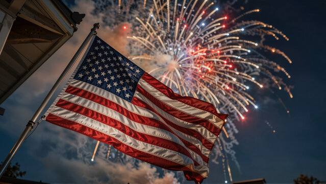 American flag waves during fireworks display