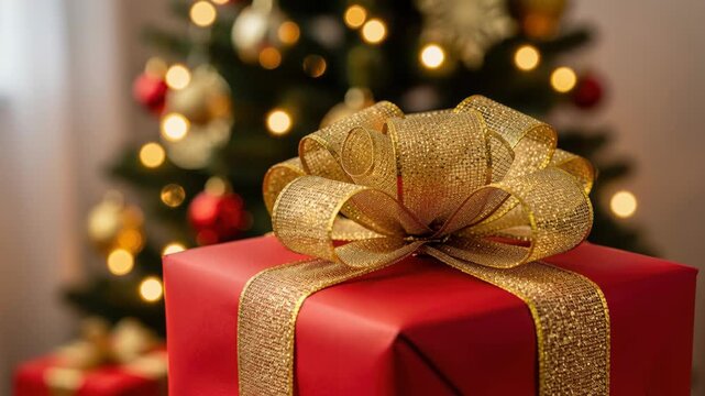 Christmas Gift with Blurry Tree Lights: A vibrant red gift box, tied with a shimmering gold ribbon, sits in the foreground.