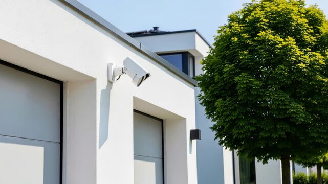 Outdoor Security Camera on Modern Building Wall: A discreet surveillance camera is mounted on the white wall of a contemporary house, with large windows and a vibrant green tree providing a backdrop.