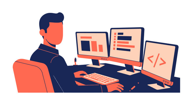 programmer working on computer with multiple monitors