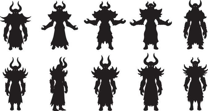 Collection of ten black silhouette illustrations showing various demonic warriors and dark fantasy knight characters with curved horns, spiked armor, and heavy robes on white background.