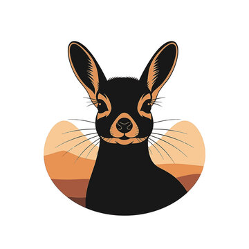 Stylized vector illustration of a black jackrabbit portrait with large ears and prominent whiskers, positioned against minimalist desert sand dunes in warm orange and tan tones.