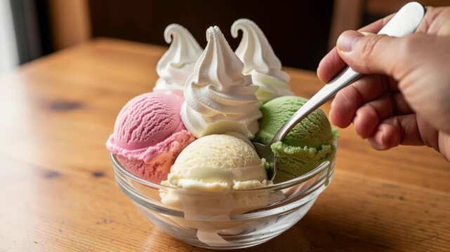 Assortment of Ice Cream: A delightful bowl filled with scoops of assorted ice cream flavors, with a hand holding a spoon ready to take a bite.