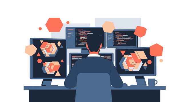 programmer working on multiple computer screens with code and data visualization