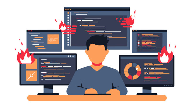 programmer overwhelmed by multiple computer screens with code and data visualizations