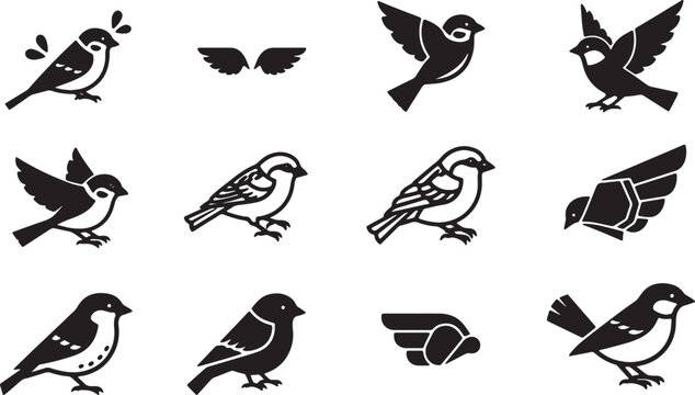 Collection of black and white bird silhouette icons featuring sparrows and songbirds in various poses including flying, perching, and chirping, isolated on a white background.