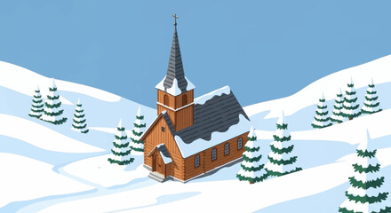 A charming wooden church stands covered in snow amidst a serene winter landscape with evergreen trees. © agussssss