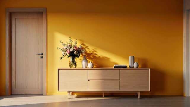 Sunny Apartment Hallway: A bright and welcoming hallway features a light wood door and a minimalist credenza adorned with flowers and vases, illuminated by warm sunlight streaming through a window.