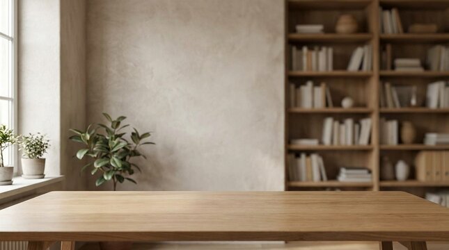 Empty Wooden Desk in Minimalist Home Office with Bookshelves and Plant
