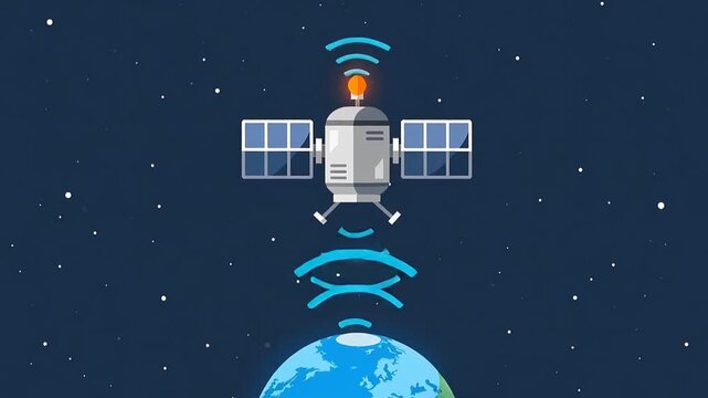 Animated satellite orbiting earth and transmitting signals in space