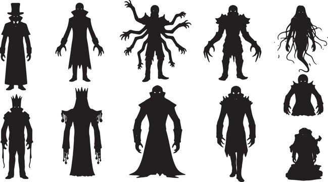 Collection of dark monster and villain silhouettes on white background featuring a gentleman in a top hat, multi-armed beast, ghostly apparition, and various armored fantasy characters.