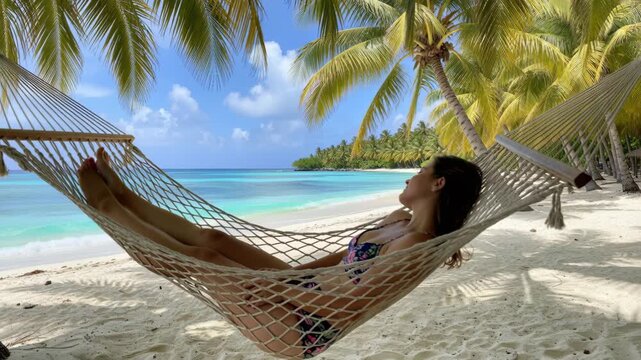 Tropical Serenity: A woman relaxes in a hammock strung between two palm trees on a pristine white sand beach, overlooking the crystal-clear turquoise ocean under a sunny sky.