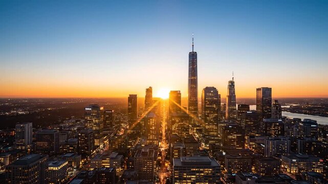 Night view of illuminated Manhattan skyscrapers in New York.