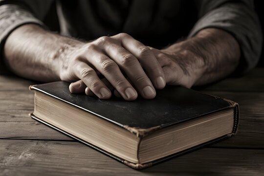 Man hands resting on top of old holy bible book on distressed wooden table