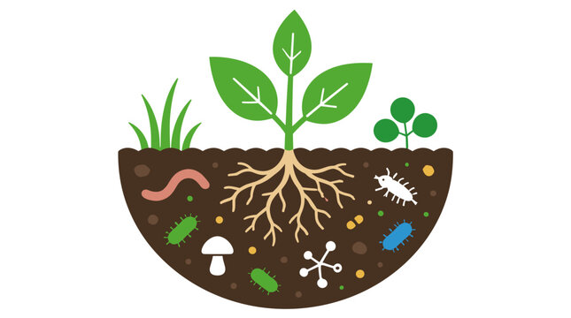 Young Plant Seedling With Roots Emerging From Soil Cross Section.