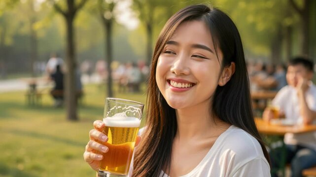 A Moment of Refreshment: A young woman with a radiant smile enjoys a cold, frothy glass of beer outdoors on a sunny day, surrounded by the pleasant ambiance of a beer garden.