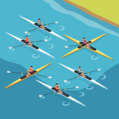 Rowing team in yellow boats racing. © Salim