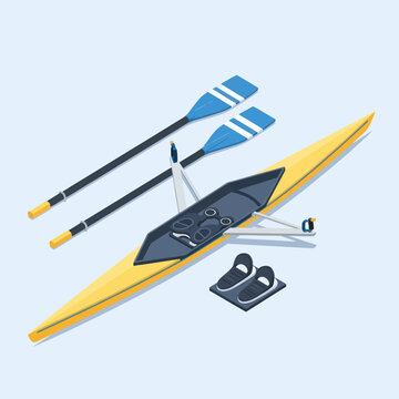 Yellow kayak with blue oars.