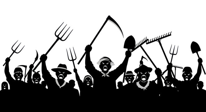 Protesters with farming tools silhouette crowd.