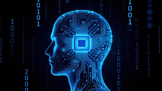Human head with circuit board and binary code