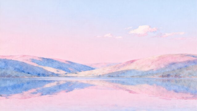 Painting of serene lake and rolling hills