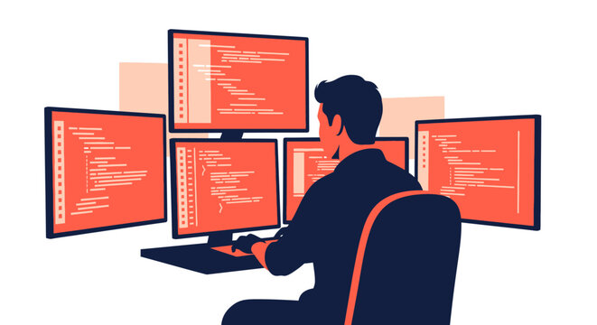 Dedicated software developer immersed in coding, surrounded by multiple monitors displaying complex program algorithms and data in a high-tech setup.