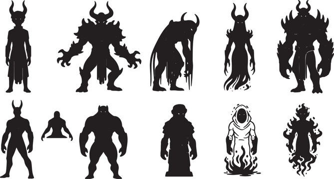 Collection of diverse fantasy monster silhouettes featuring horned demons, muscular warriors, mystical spirits, and hooded creatures isolated on a plain white background for design.
