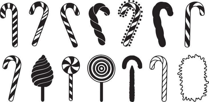 Collection of fourteen black and white silhouette illustrations of candy canes and lollipops featuring various patterns including stripes, twists, dots, and spiral designs on white background.