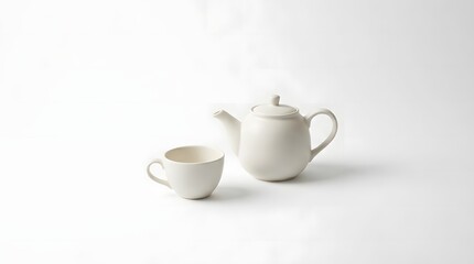 Fototapeta premium A pristine white ceramic teapot and a matching teacup are elegantly displayed on a clean, bright white background, emphasizing their minimalist design and smooth texture.