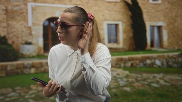 Woman wearing red glasses and white shirt holding a smartphone and hand to ear at a stone building courtyard; curiosity seeking answers.