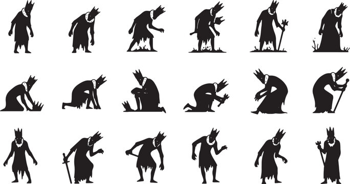 Collection of 18 black silhouette illustrations of dark fantasy kings and fallen monarchs wearing crowns and ragged robes in various poses isolated on a white background.