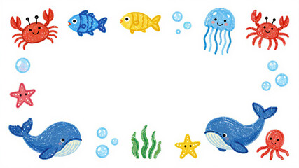 Fototapeta premium a border frame with ocean creatures in the style of kid's drawings with open white space white background