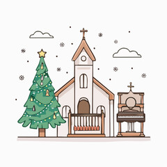 Fototapeta premium Christmas church scene with decorated tree and organ