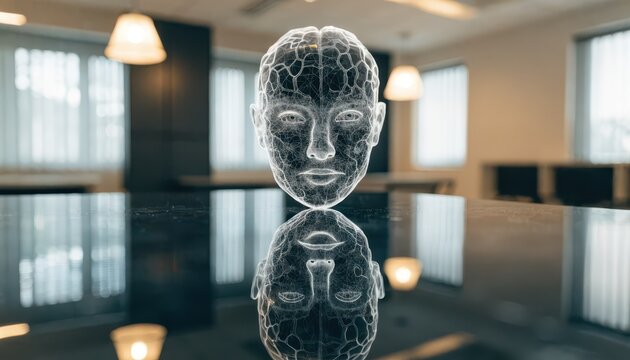 Sophisticated AI Brain Reflection on Obsidian Desk, Futuristic Technology Concept