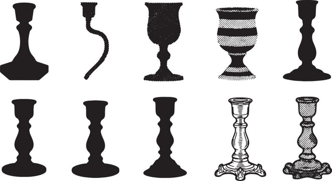 Collection of ten black silhouette and textured halftone illustrations of vintage candle holders, ornate candlesticks, and goblets on a white background, featuring various styles.