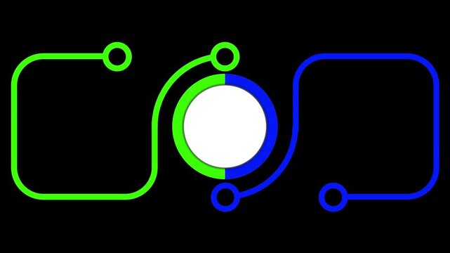 Animated flowchart infographic on a black background. Central node splitting into two paths. Ideal for network, technology, or data flow concepts.
