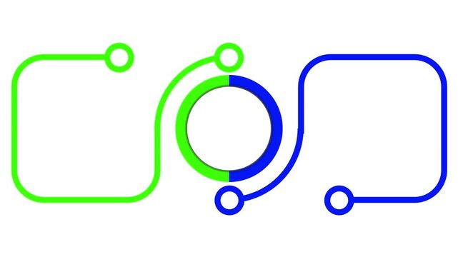 Animated flowchart infographic on a white background. Central node splitting into two paths. Ideal for network, technology, or data flow concepts.