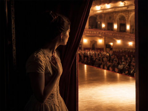 Performer standing behind theater curtain and looking toward a bright stage and seated audience capturing backstage anticipation courage performance anxiety and dramatic live show atmosphere