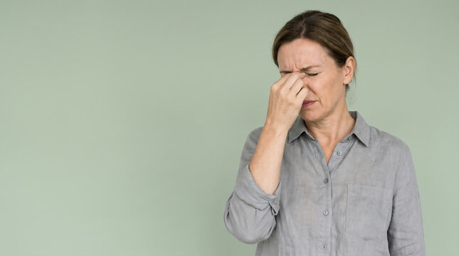 A stressed mature woman pinching the bridge of her nose with eyes closed, suffering from a painful headache, migraine, or sinus pressure against a green background.