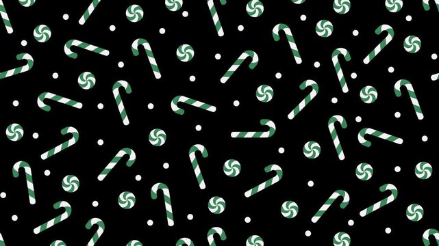 Candy cane motion pattern. Candy cane seamless pattern. Loopable motion with traditional candy canes. Sweets and decorations animated texture. Transparent background with alpha channel