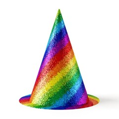 Fototapeta premium Vibrant rainbow glitter swirl party hat stands on a crisp white background. This sparkling cone celebration cap features a playful style, style, vibrant, studio
