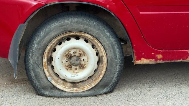 Close-up punctured tire on red car showing deflated wheel and rusted steel rim on asphalt roadside during daytime conveys stranded