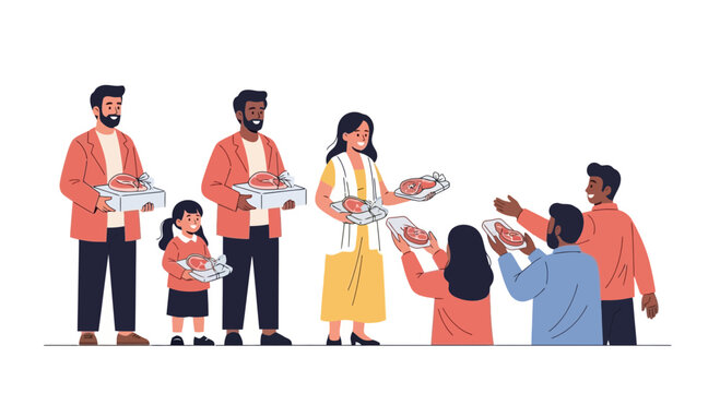 Diverse family and friends sharing and exchanging wrapped Christmas gifts in a modern, minimalist, flat design style with a warm color palette, conveying a sense of generosity and togetherne