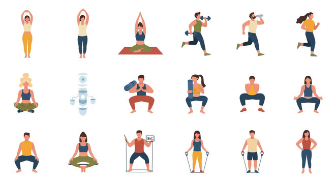 Flat Style Vector Illustration of People Exercising and Practicing Yoga