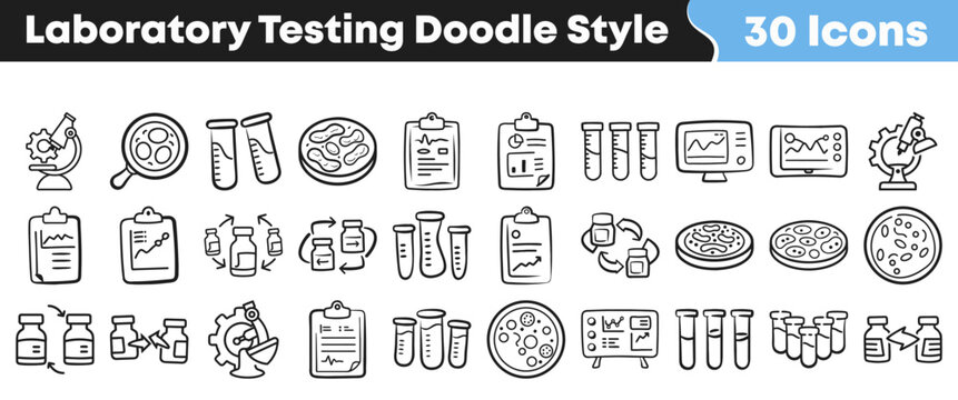 Collection of hand drawn laboratory testing icons in doodle style