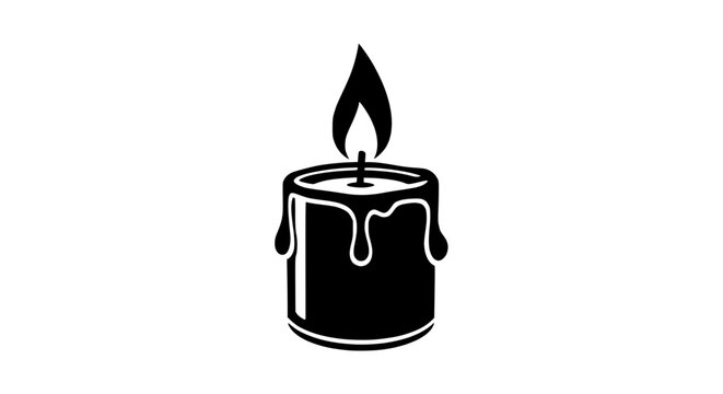 Burning Candle Icon, Flame, Wax Drips, Black and White Vector Art