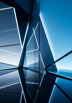 Sharp architectural lines mirrored in a glass surface with fragmented angles, creating a clean abstract pattern of blue and grey tones, symmetry, office, urban