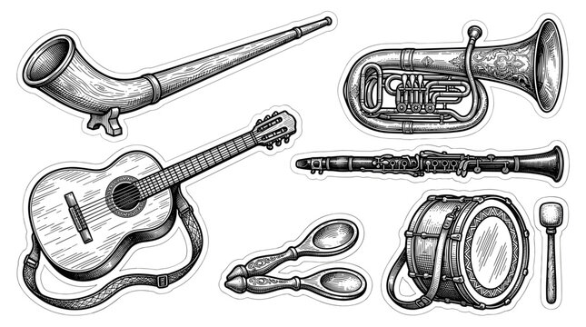 Collection of Musical Instruments Hand Drawn Sketch Style