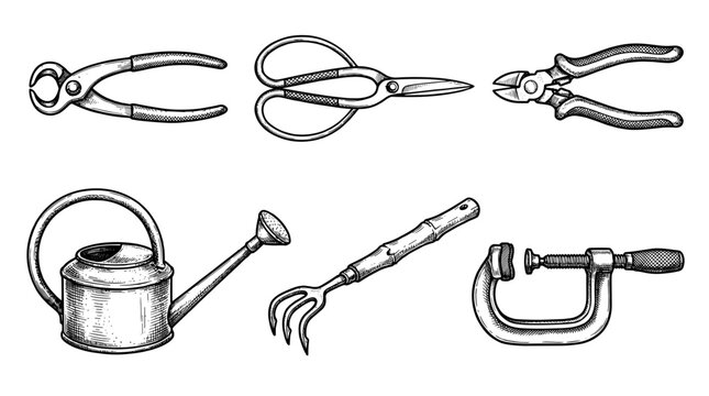 Collection of vintage garden tools and hardware including pruning shears, scissors, pliers, watering can, rake and clamp